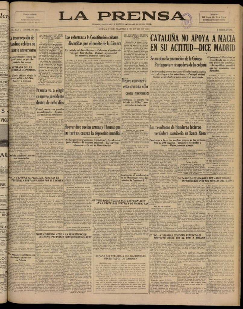 Miniatura de La Prensa: único diario español e hispano americano en Nueva York del 5 de mayo de 1931, nº 4153