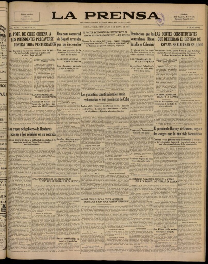 Miniatura de La Prensa: único diario español e hispano americano en Nueva York del 6 de mayo de 1931, nº 4154