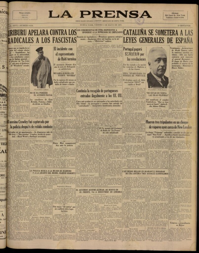 Miniatura de La Prensa: único diario español e hispano americano en Nueva York del 8 de mayo de 1931, nº 4156