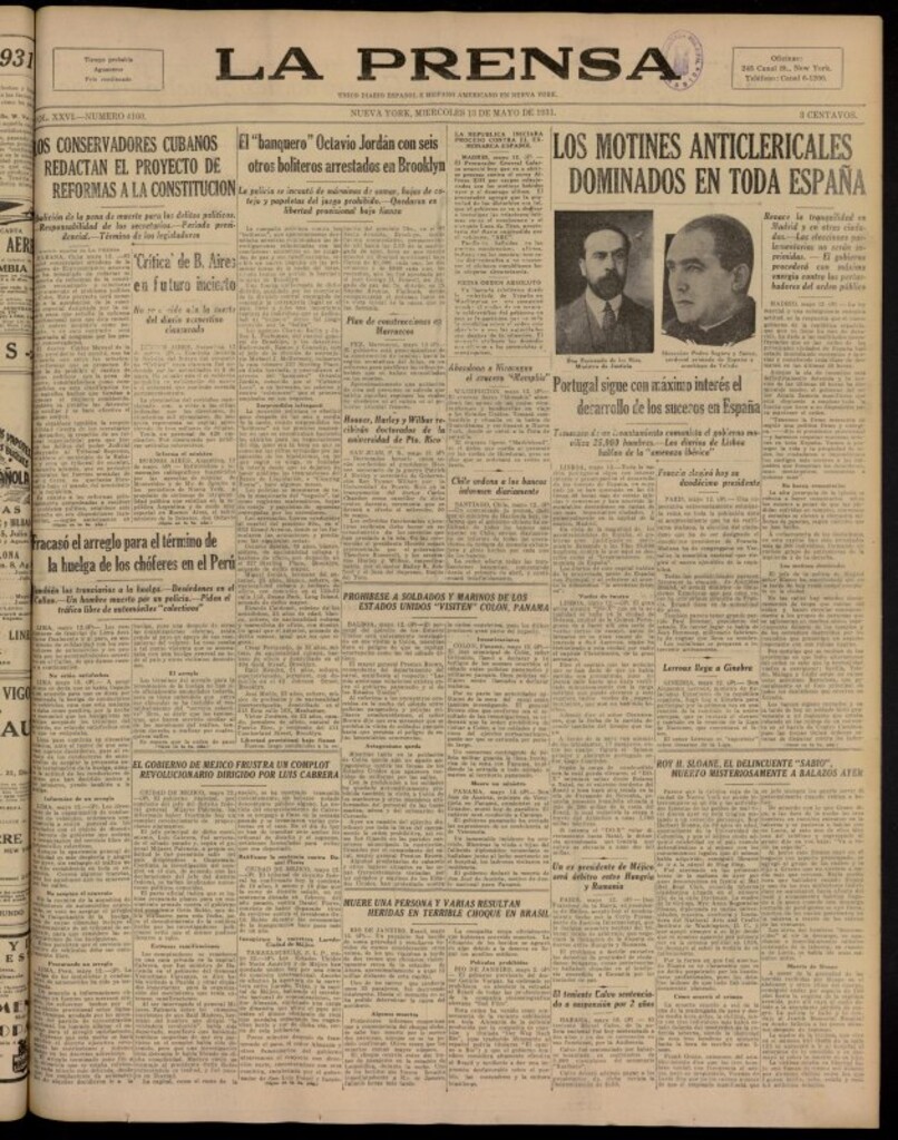 Miniatura de La Prensa: único diario español e hispano americano en Nueva York del 13 de mayo de 1931, nº 4160