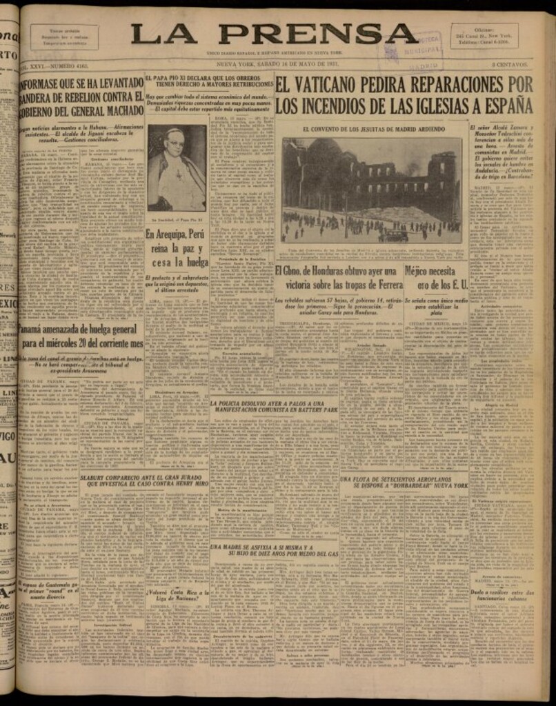 Miniatura de La Prensa: único diario español e hispano americano en Nueva York del 16 de mayo de 1931, nº 4163
