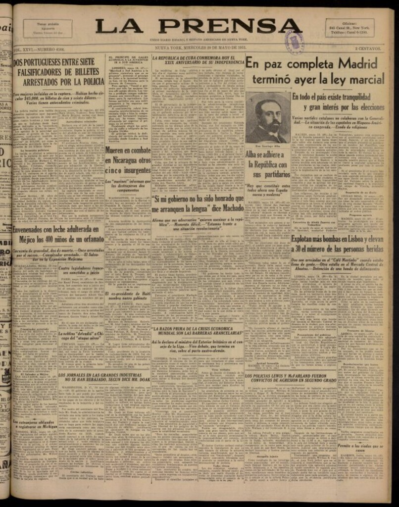 Miniatura de La Prensa: único diario español e hispano americano en Nueva York del 20 de mayo de 1931, nº 4166