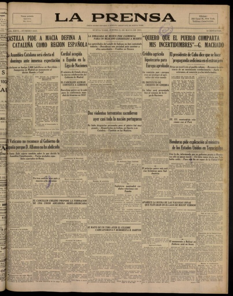 Miniatura de La Prensa: único diario español e hispano americano en Nueva York del 21 de mayo de 1931, nº 4167