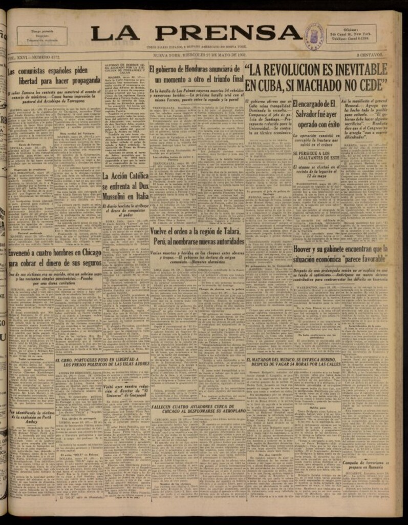 Miniatura de La Prensa: único diario español e hispano americano en Nueva York del 27 de mayo de 1931, nº 4172