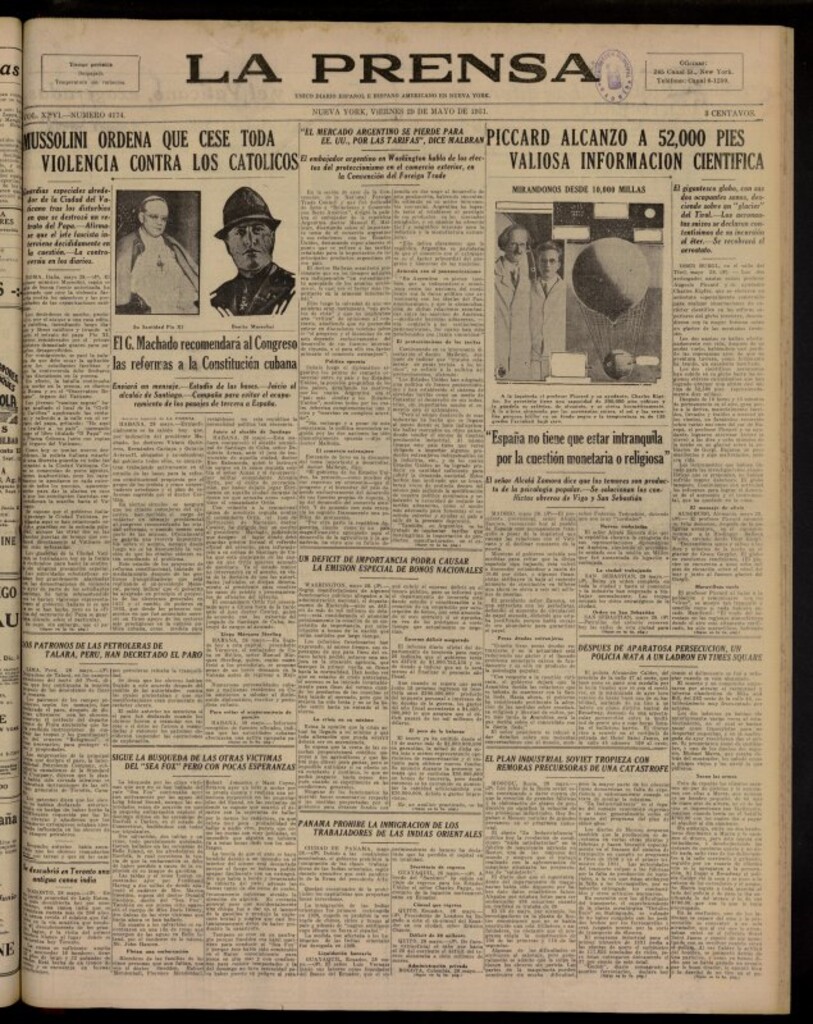 Miniatura de La Prensa: único diario español e hispano americano en Nueva York del 29 de mayo de 1931, nº 4174