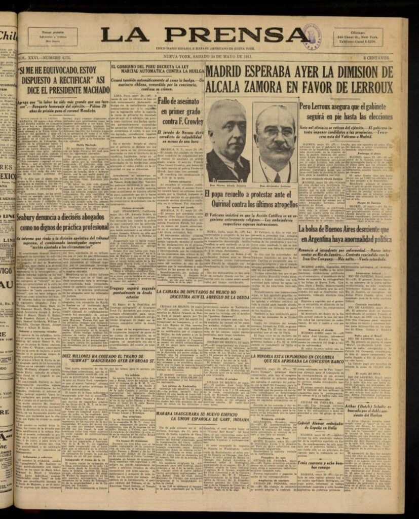 Miniatura de La Prensa: único diario español e hispano americano en Nueva York del 30 de mayo de 1931, nº 4175