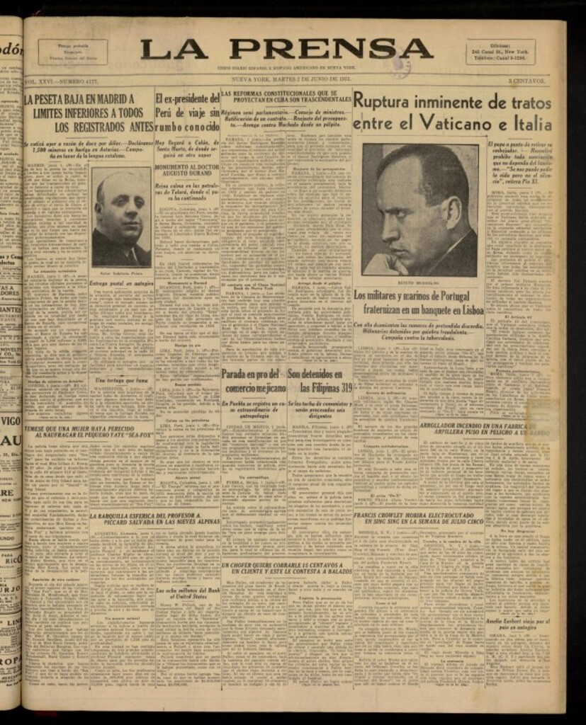 Miniatura de La Prensa: único diario español e hispano americano en Nueva York del 2 de junio de 1931, nº 4177