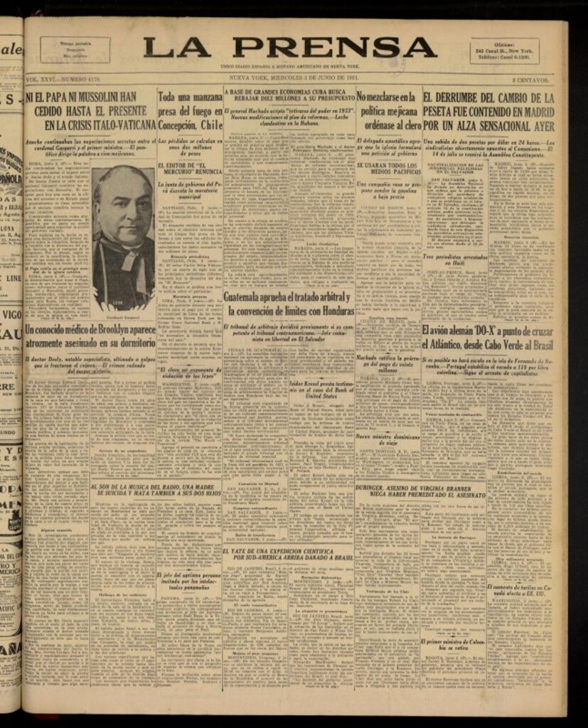 Miniatura de La Prensa: único diario español e hispano americano en Nueva York del 3 de junio de 1931, nº 4178