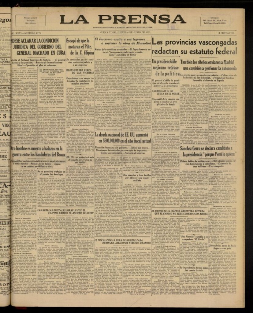 Miniatura de La Prensa: único diario español e hispano americano en Nueva York del 4 de junio de 1931, nº 4179