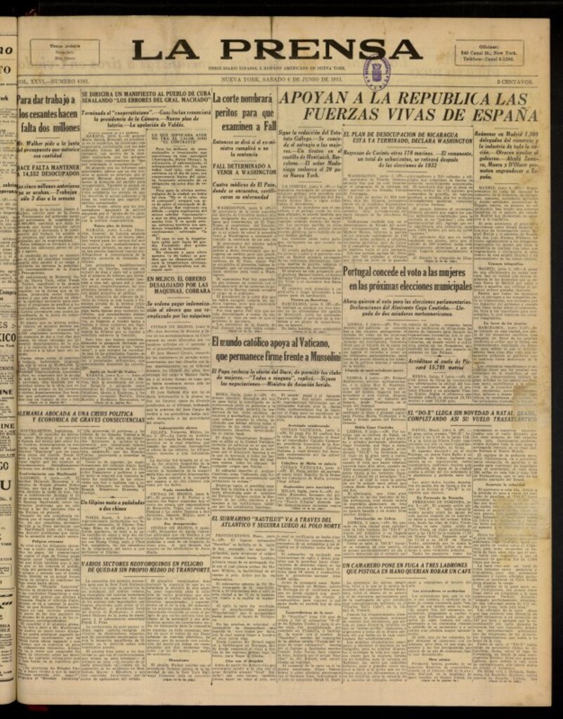 Miniatura de La Prensa: único diario español e hispano americano en Nueva York del 6 de junio de 1931, nº 4181