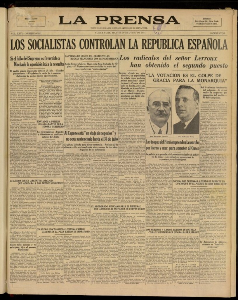 Miniatura de La Prensa: único diario español e hispano americano en Nueva York del 30 de junio de 1931, nº 4201