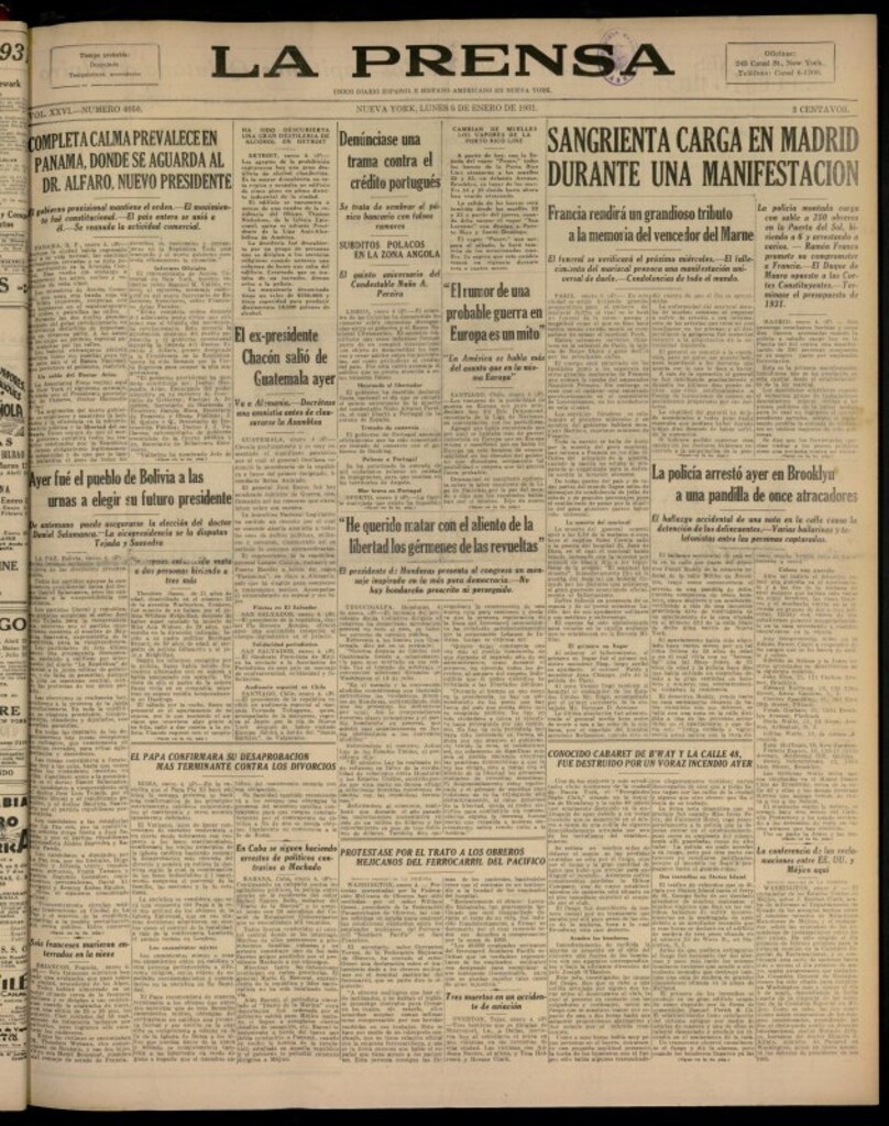 Miniatura de La Prensa: único diario español e hispano americano en Nueva YorkNew York, de 5 de enero de 1931, nº 4050