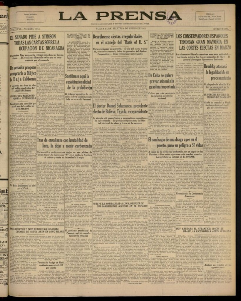 Miniatura de La Prensa: único diario español e hispano americano en Nueva YorkNew York, de 6 de enero de 1931, nº 4051