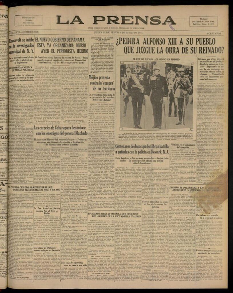 Miniatura de La Prensa: único diario español e hispano americano en Nueva YorkNew York, de 8 de enero de 1931, nº 4053