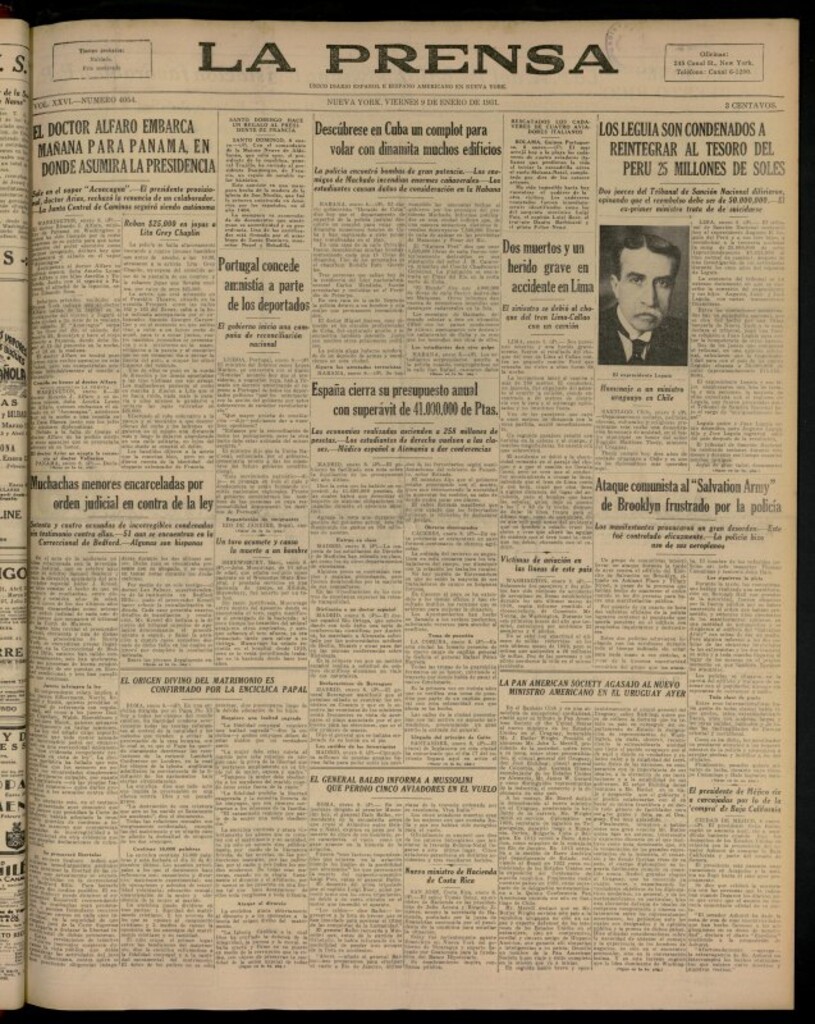 Miniatura de La Prensa: único diario español e hispano americano en Nueva YorkNew York, de 9 de enero de 1931, nº 4054