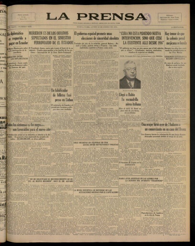Miniatura de La Prensa: único diario español e hispano americano en Nueva YorkNew York, de 12 de enero de 1931, nº 4056