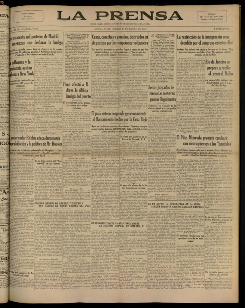 Miniatura de La Prensa: único diario español e hispano americano en Nueva YorkNew York, de 15 de enero de 1931, nº 4059