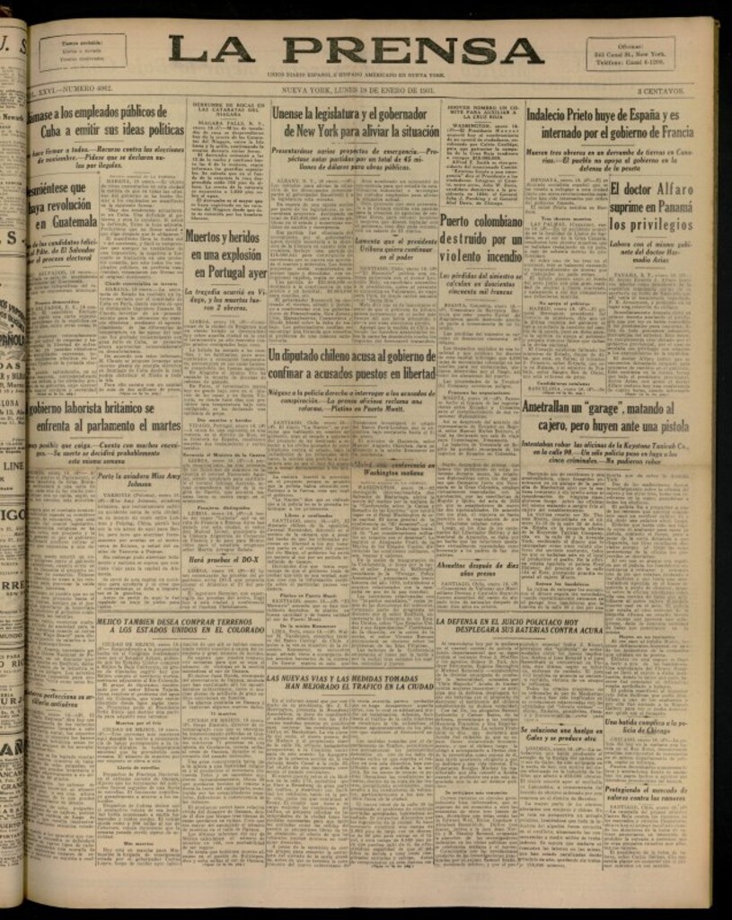 Miniatura de La Prensa: único diario español e hispano americano en Nueva YorkNew York, de 19 de enero de 1931, nº 4062