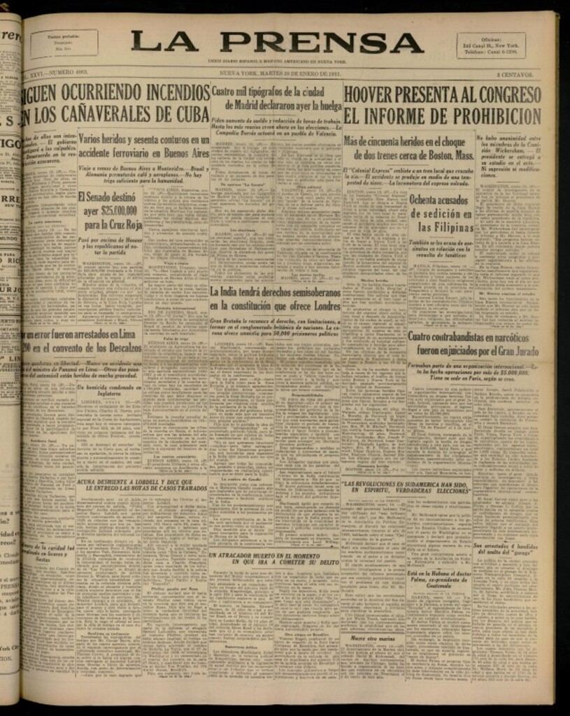 Miniatura de La Prensa: único diario español e hispano americano en Nueva YorkNew York, de 20 de enero de 1931, nº 4063