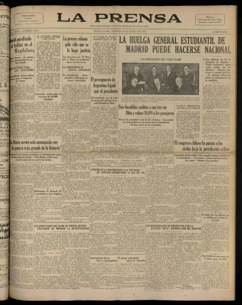 Miniatura de La Prensa: único diario español e hispano americano en Nueva YorkNew York, de 23 de enero de 1931, nº 4066