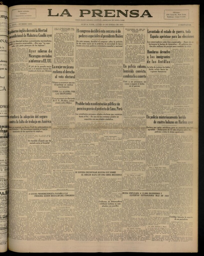 Miniatura de La Prensa: único diario español e hispano americano en Nueva YorkNew York, de 26 de enero de 1931, nº 4068