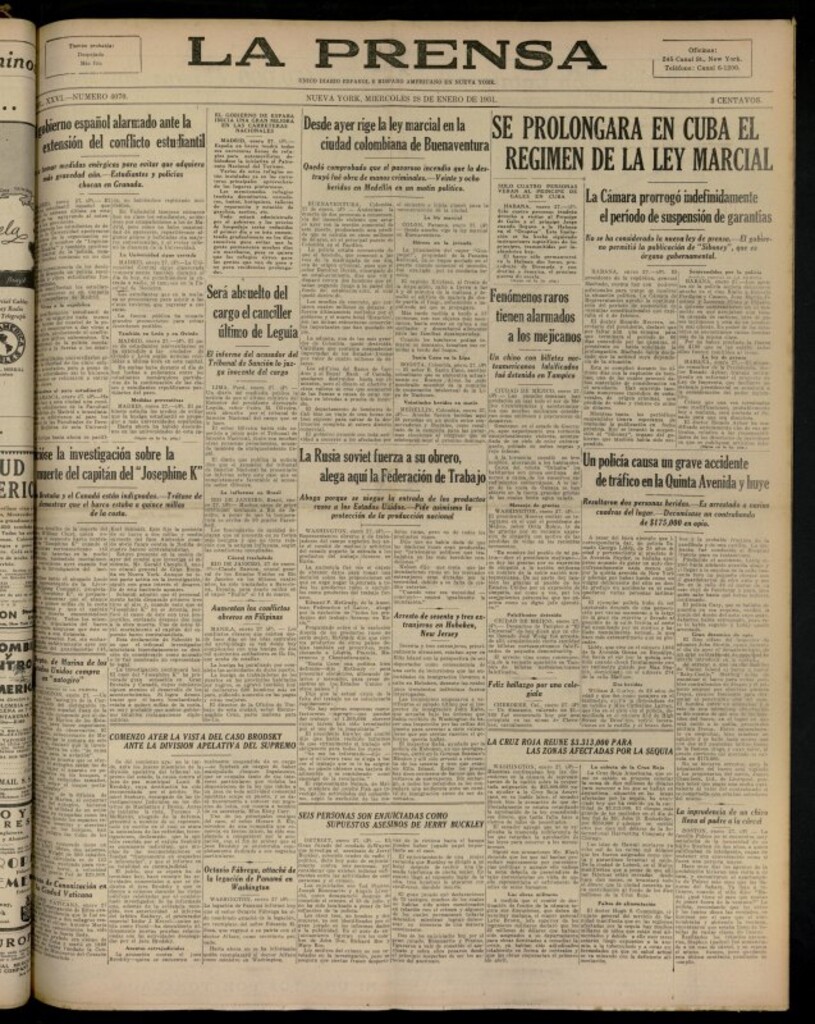 Miniatura de La Prensa: único diario español e hispano americano en Nueva YorkNew York, de 28 de enero de 1931, nº 4070