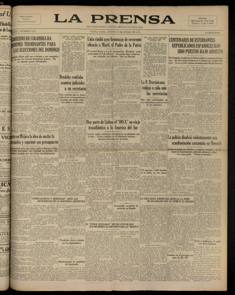 Miniatura de La Prensa: único diario español e hispano americano en Nueva YorkNew York, de 29 de enero de 1931, nº 4071
