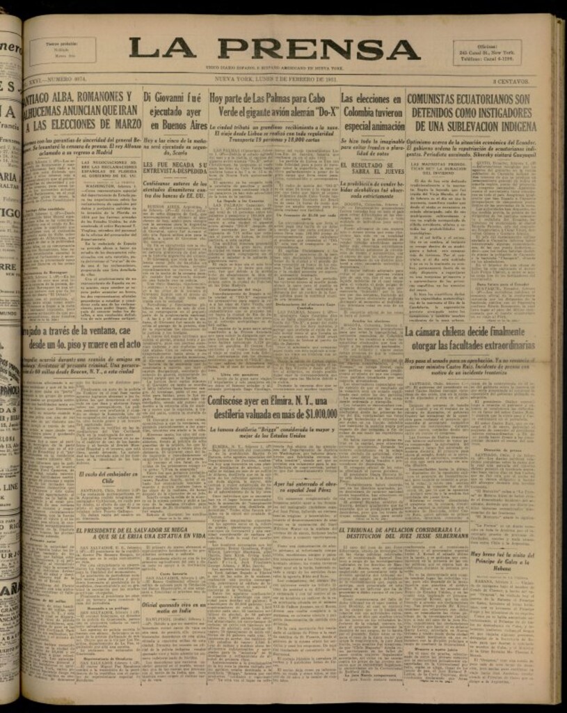 Miniatura de La Prensa: único diario español e hispano americano en Nueva YorkNew York , de 2 de febrero de 1931, nº 4074