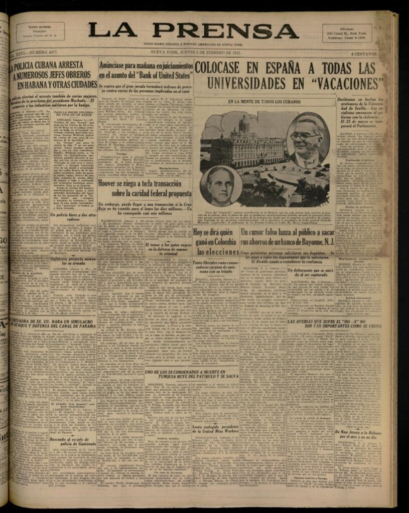 Miniatura de La Prensa: único diario español e hispano americano en Nueva YorkNew York, de 5 de febrero de 1931, nº 4077