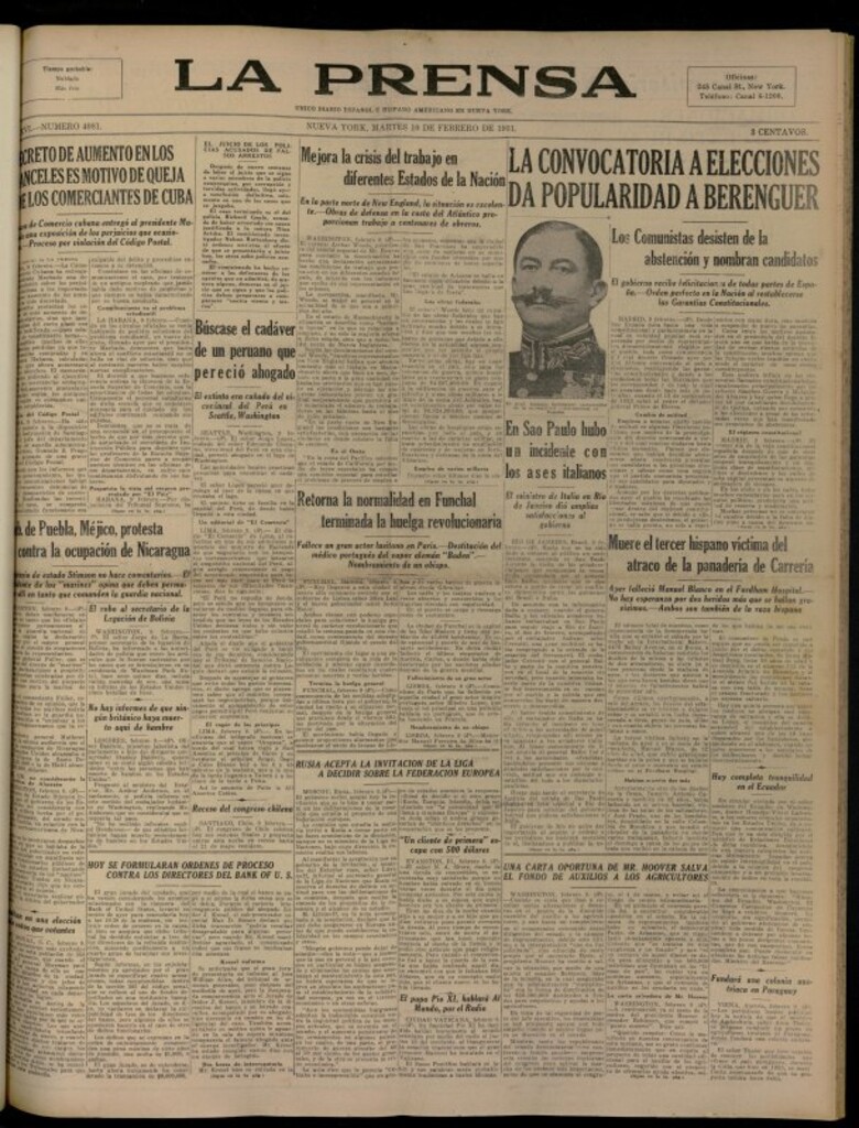 Miniatura de La Prensa: único diario español e hispano americano en Nueva YorkNew York, de 10 de febrero de 1931, nº 4081