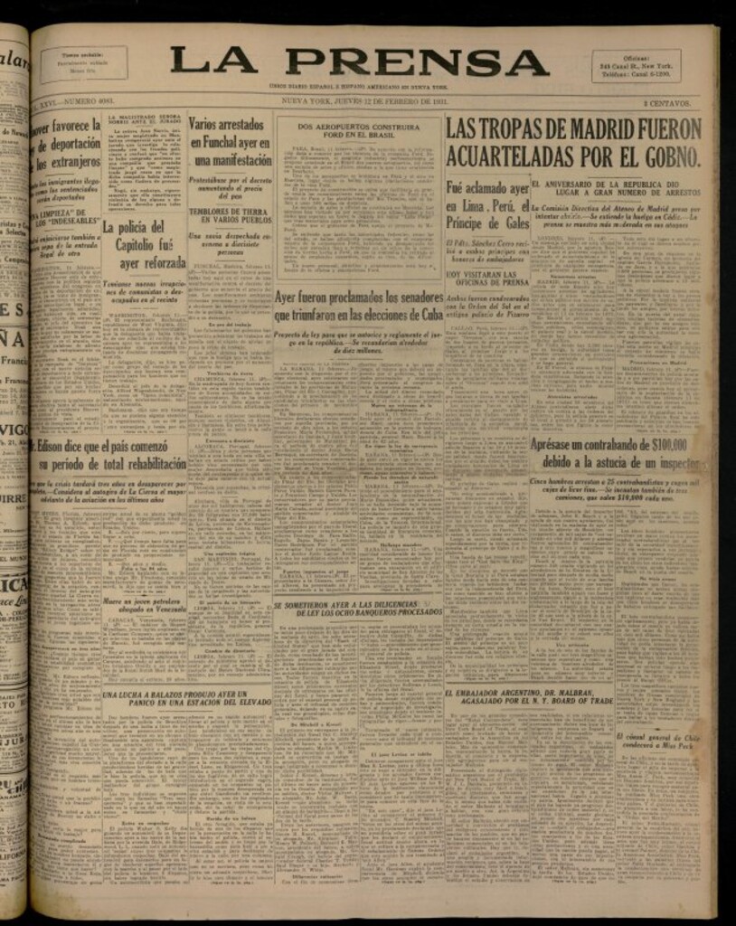 Miniatura de La Prensa: único diario español e hispano americano en Nueva YorkNew York, del 12 de febrero de 1931, nº 4083