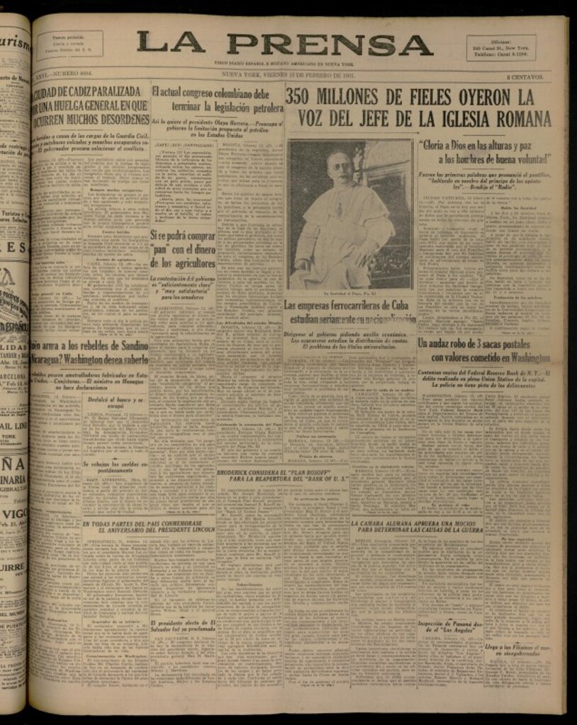 Miniatura de La Prensa: único diario español e hispano americano en Nueva YorkNew York, de 13 de febrero de 1931, nº 4084