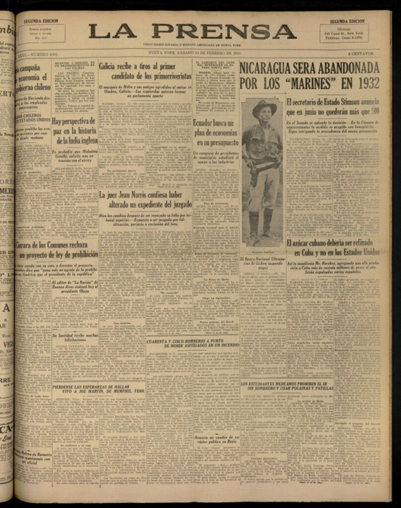 Miniatura de La Prensa: único diario español e hispano americano en Nueva YorkNew York, de 14 de febrero de 1931, nº 4085