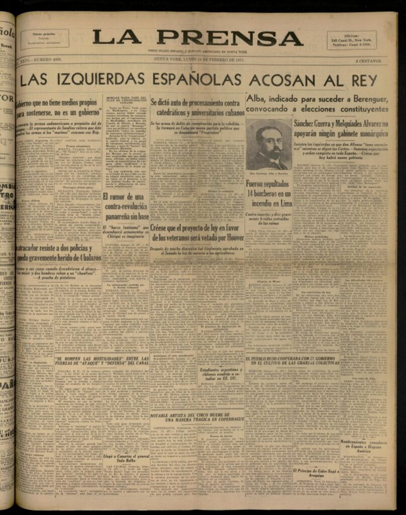 Miniatura de La Prensa: único diario español e hispano americano en Nueva YorkNew York, de 16 de febrero de 1931, nº 4086