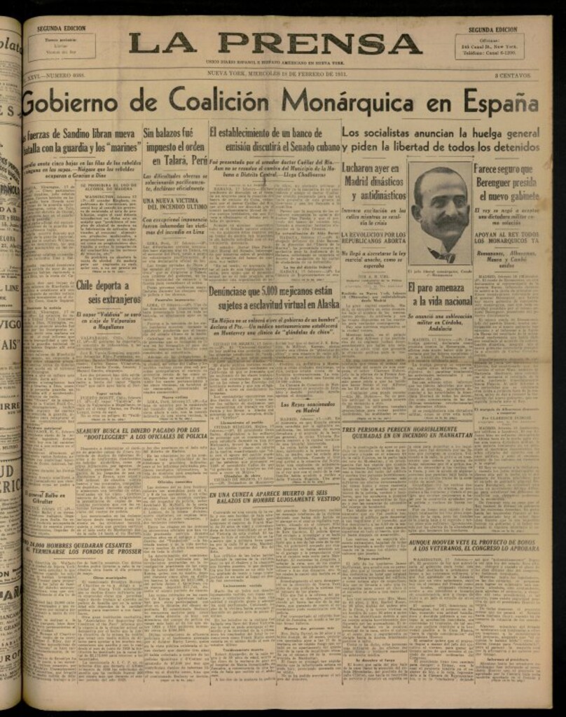Miniatura de La Prensa: único diario español e hispano americano en Nueva YorkNew York, de 18 de febrero de 1931, nº 4088