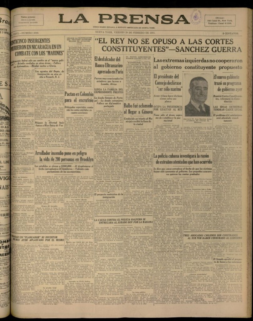 Miniatura de La Prensa: único diario español e hispano americano en Nueva YorkNew York, de 20 de febrero de 1931, nº 4090