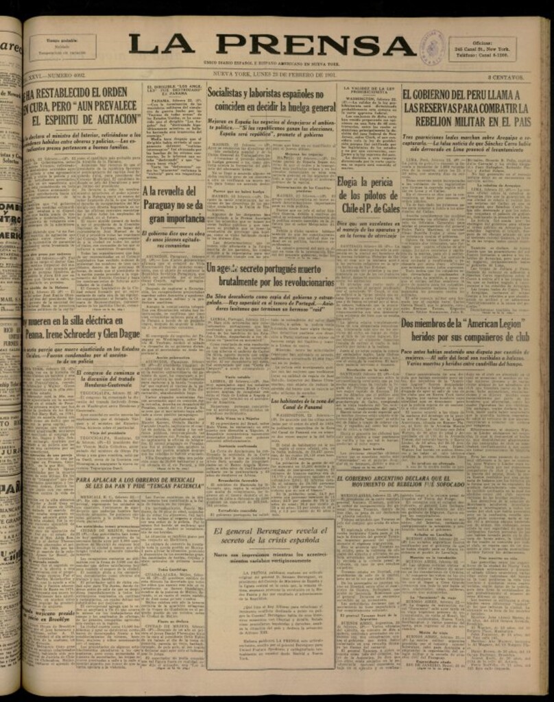 Miniatura de La Prensa: único diario español e hispano americano en Nueva YorkNew York, de 23 de febrero de 1931, nº 4092