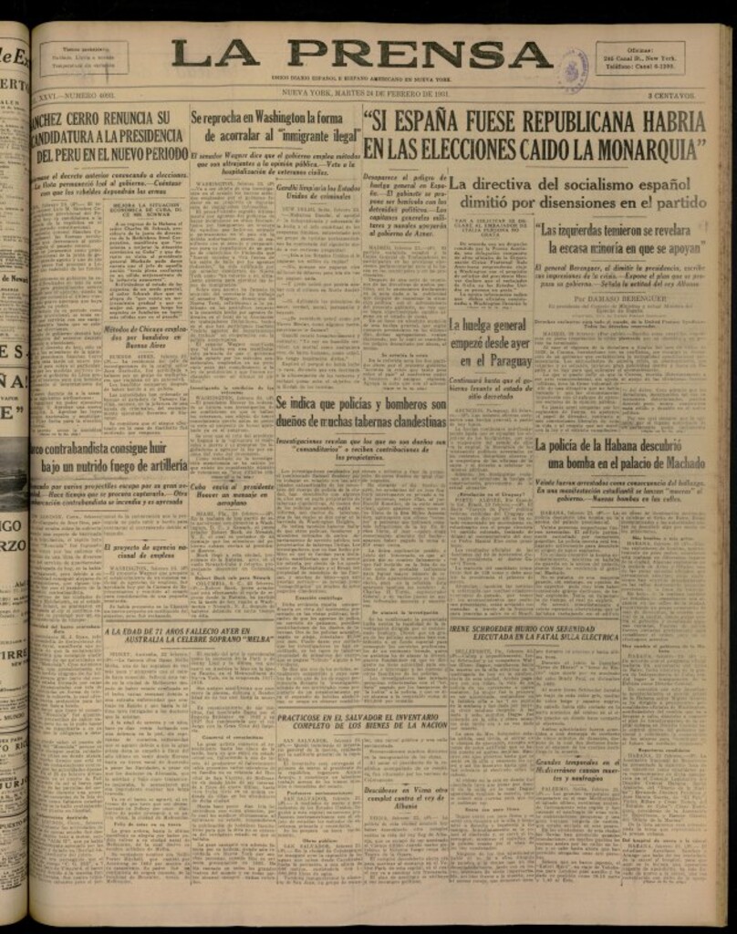 Miniatura de La Prensa: único diario español e hispano americano en Nueva YorkNew York, de 24 de febrero de 1931, nº 4093