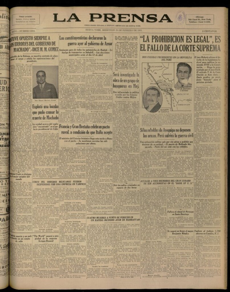 Miniatura de La Prensa: único diario español e hispano americano en Nueva YorkNew York, de 25 de febrero de 1931, nº 4094