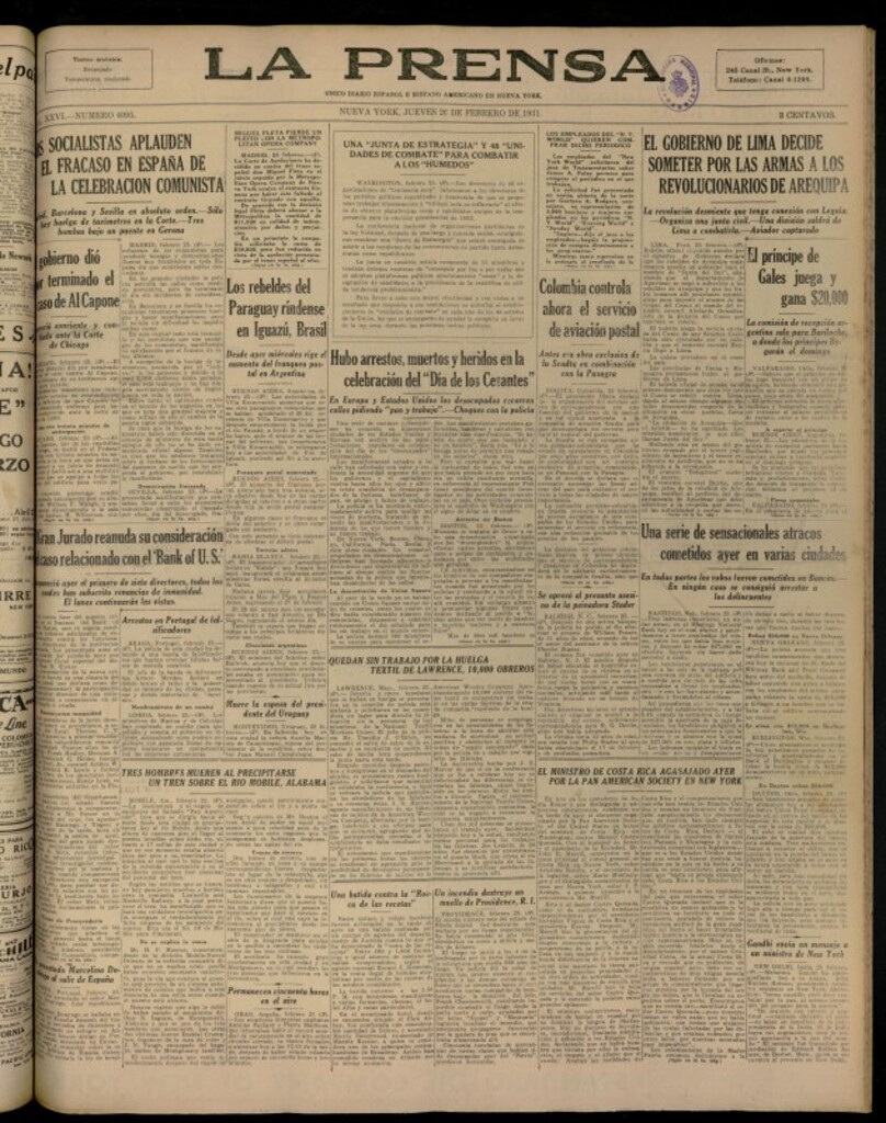 Miniatura de La Prensa: único diario español e hispano americano en Nueva YorkNew York, de 26 de febrero de 1931, nº 4095