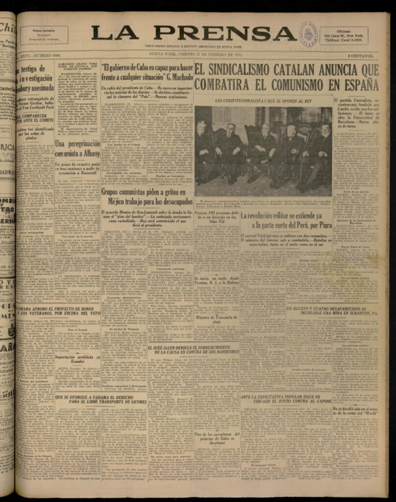 Miniatura de La Prensa: único diario español e hispano americano en Nueva YorkNew York, de 27 de febrero de 1931, nº 4096
