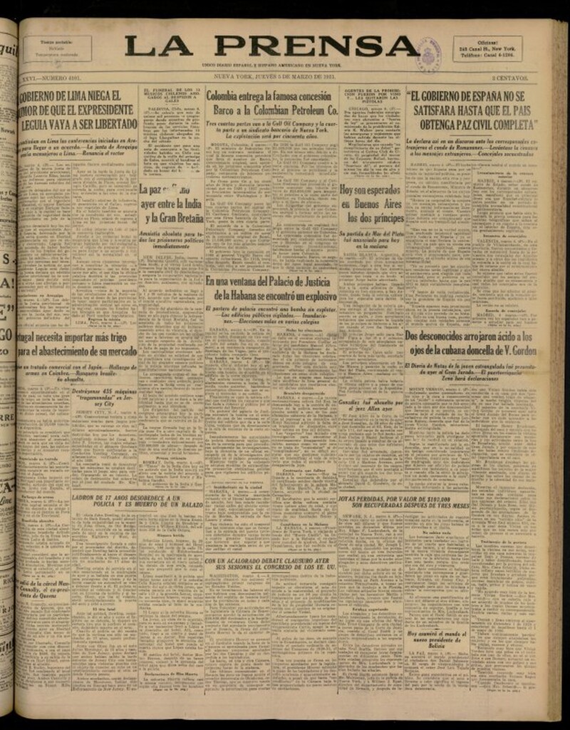 Miniatura de La Prensa: único diario español e hispano americano en Nueva YorkNew York, de 5 de marzo de 1931, nº 4101
