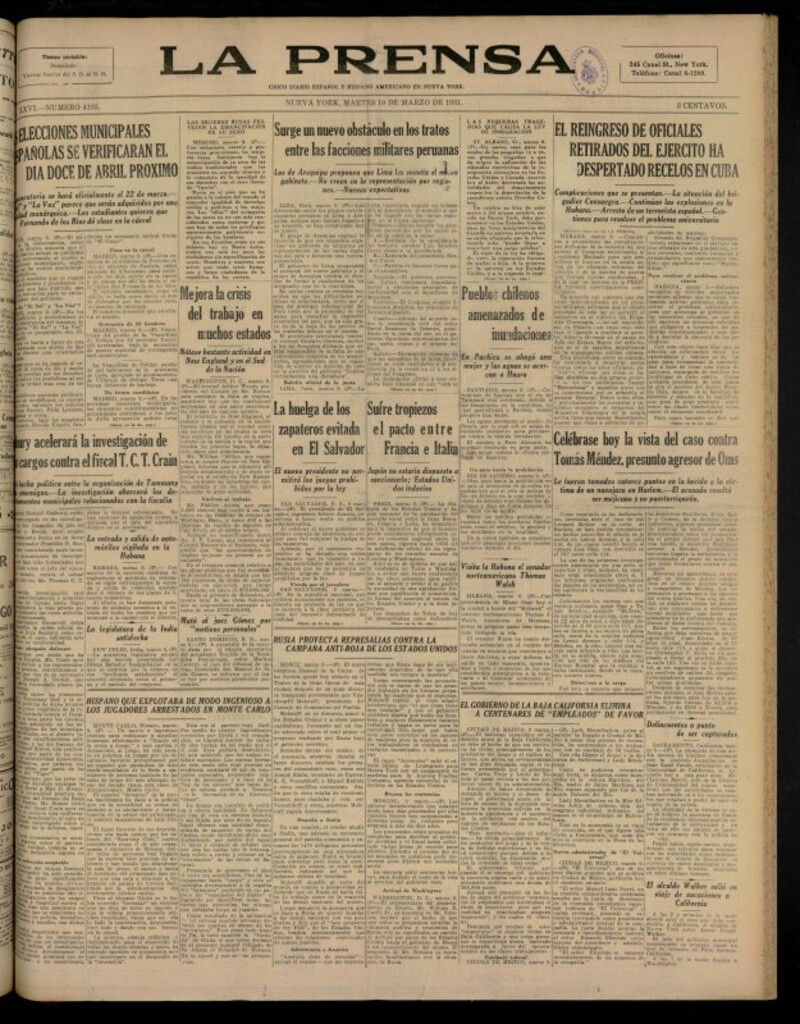 Miniatura de La Prensa: único diario español e hispano americano en Nueva YorkNew York, de 10 de marzo de 1931, nº 4105