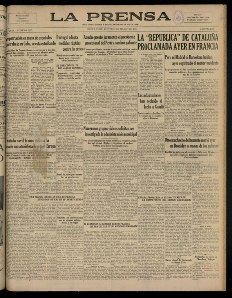 Miniatura de La Prensa: único diario español e hispano americano en Nueva YorkNew York, de 12 de marzo de 1931, nº 4107