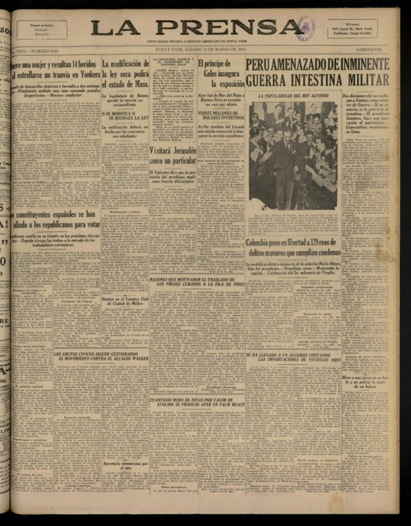 Miniatura de La Prensa: único diario español e hispano americano en Nueva YorkNew York, de 14 de marzo de 1931, nº 4109