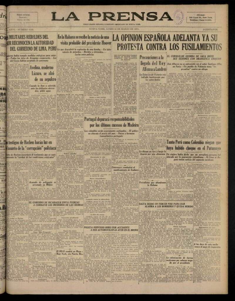 Miniatura de La Prensa: único diario español e hispano americano en Nueva YorkNew York, de 16 de marzo de 1931, nº 4110