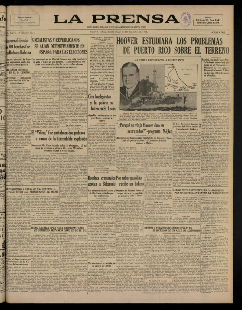Miniatura de La Prensa: único diario español e hispano americano en Nueva YorkNew York, de 18 de marzo de 1931, nº 4112