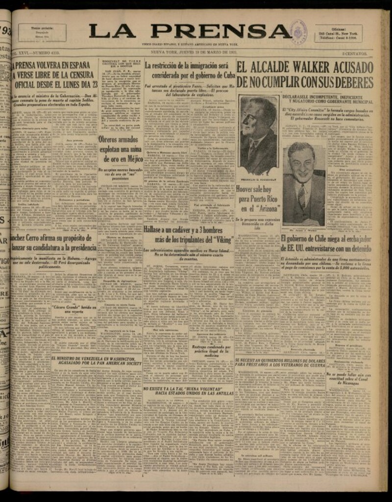 Miniatura de La Prensa: único diario español e hispano americano en Nueva YorkNew York, de 19 de marzo de 1931, nº 4113