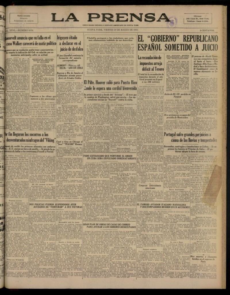 Miniatura de La Prensa: único diario español e hispano americano en Nueva YorkNew York, de 20 de marzo de 1931, nº 4114