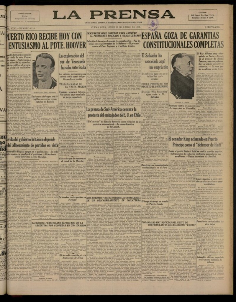 Miniatura de La Prensa: único diario español e hispano americano en Nueva YorkNew York, de 23 de marzo de 1931, nº 4116